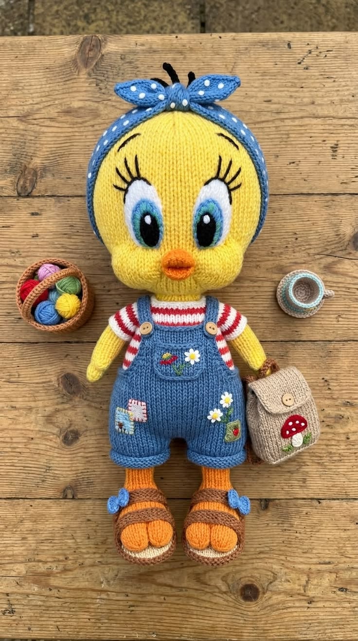 Tweety Bird in Denim Overalls and Polka Dot Headband Free Knitting Pattern