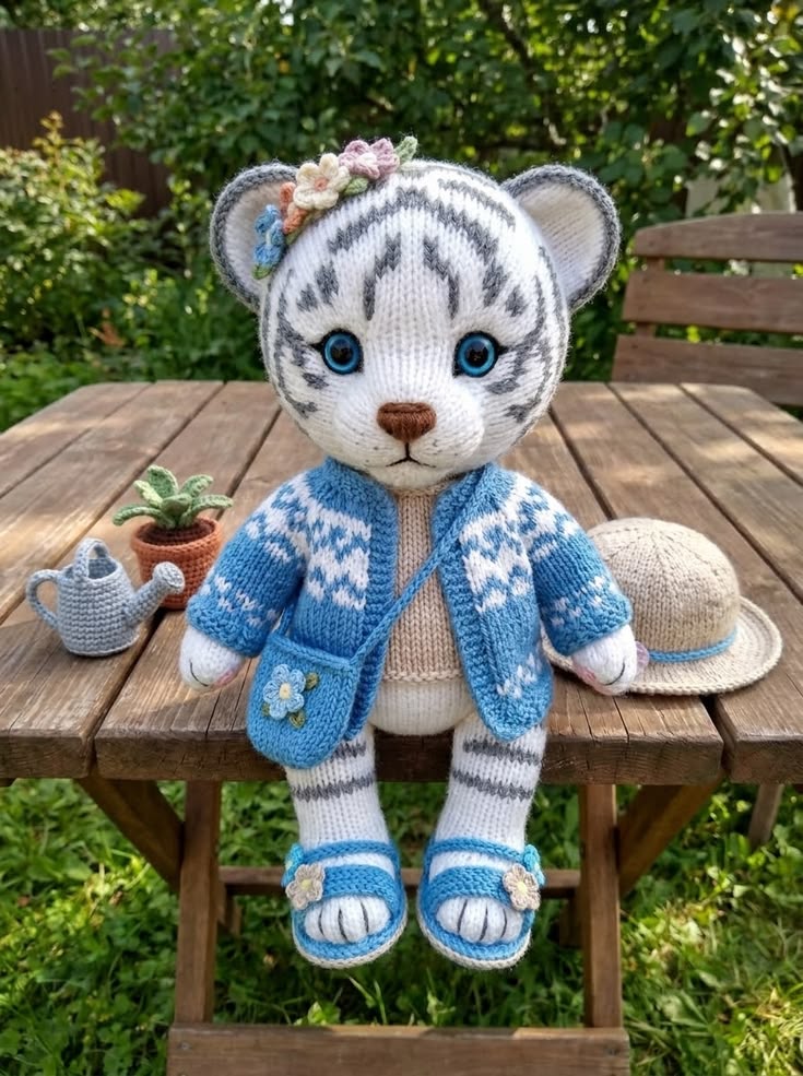 White Tiger Cub in Blue Fair Isle Cardigan with Flower Satchel and Sun Hat Free Knitting Pattern