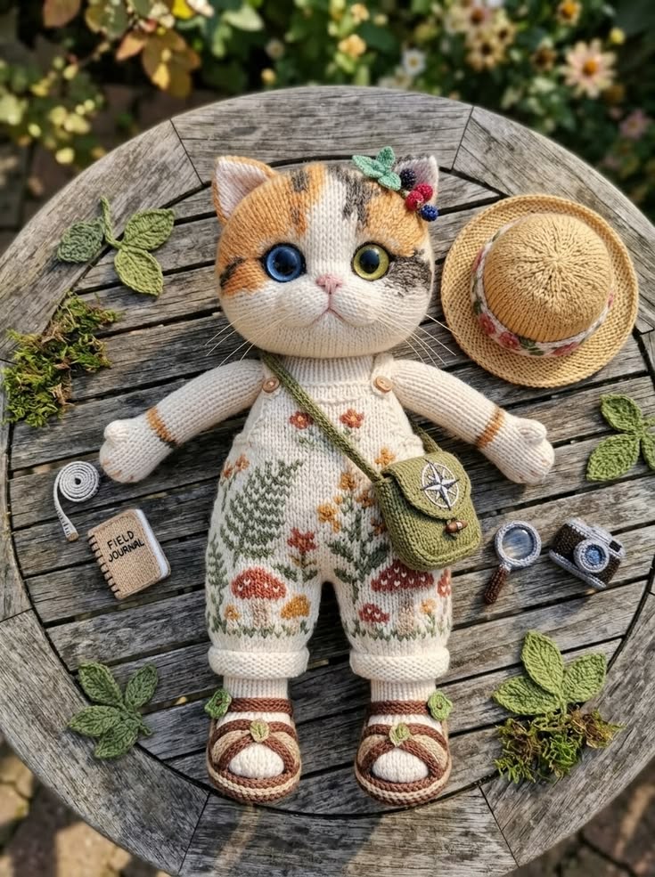 Woodland Calico Cat in Forest Romper with Field Journal and Camera Free Knitting Pattern