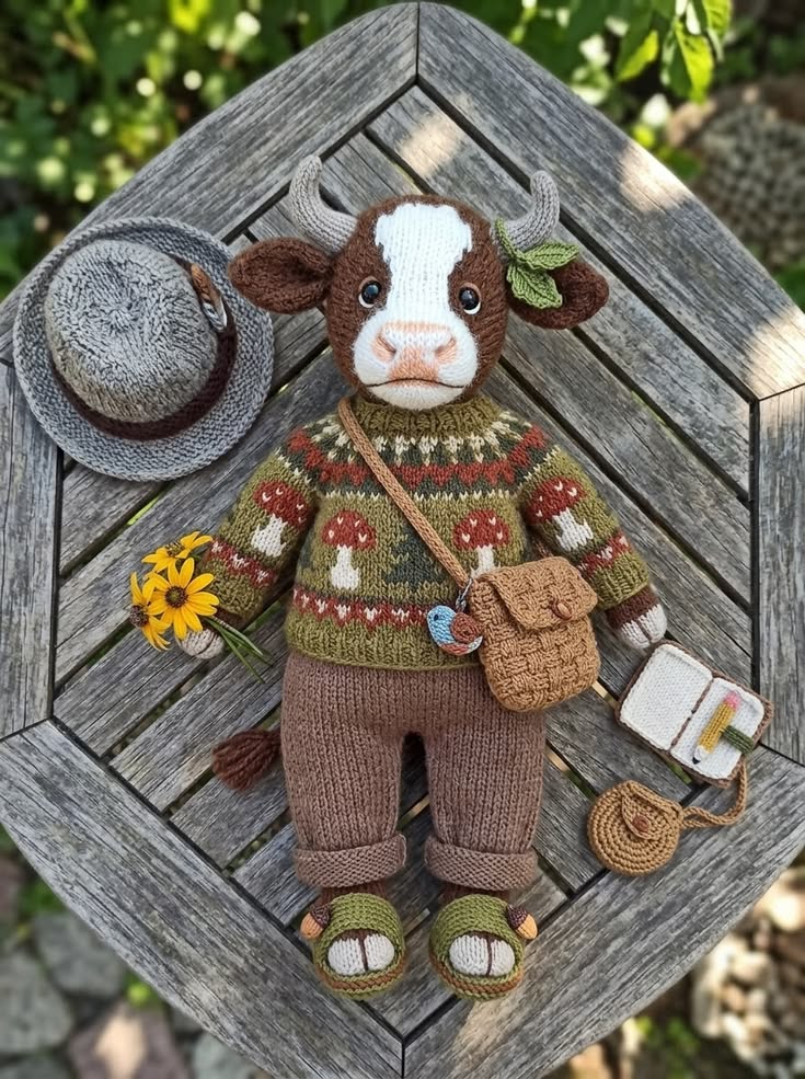 Woodland Cow in Mushroom Fair Isle Sweater with Woven Satchel and Field Journal Free Knitting Pattern
