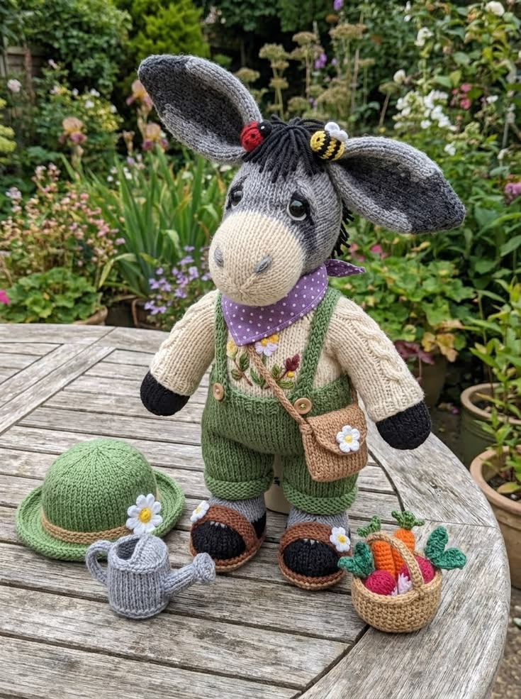 Woodland Donkey Gardener in Green Overalls with Vegetable Basket Free Knitting Pattern