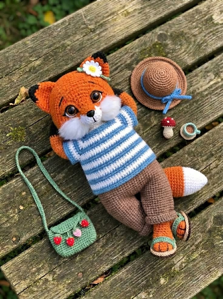 Woodland Fox Girl in Blue Striped Sweater with Strawberry Satchel and Garden Accessories Free Crochet Pattern