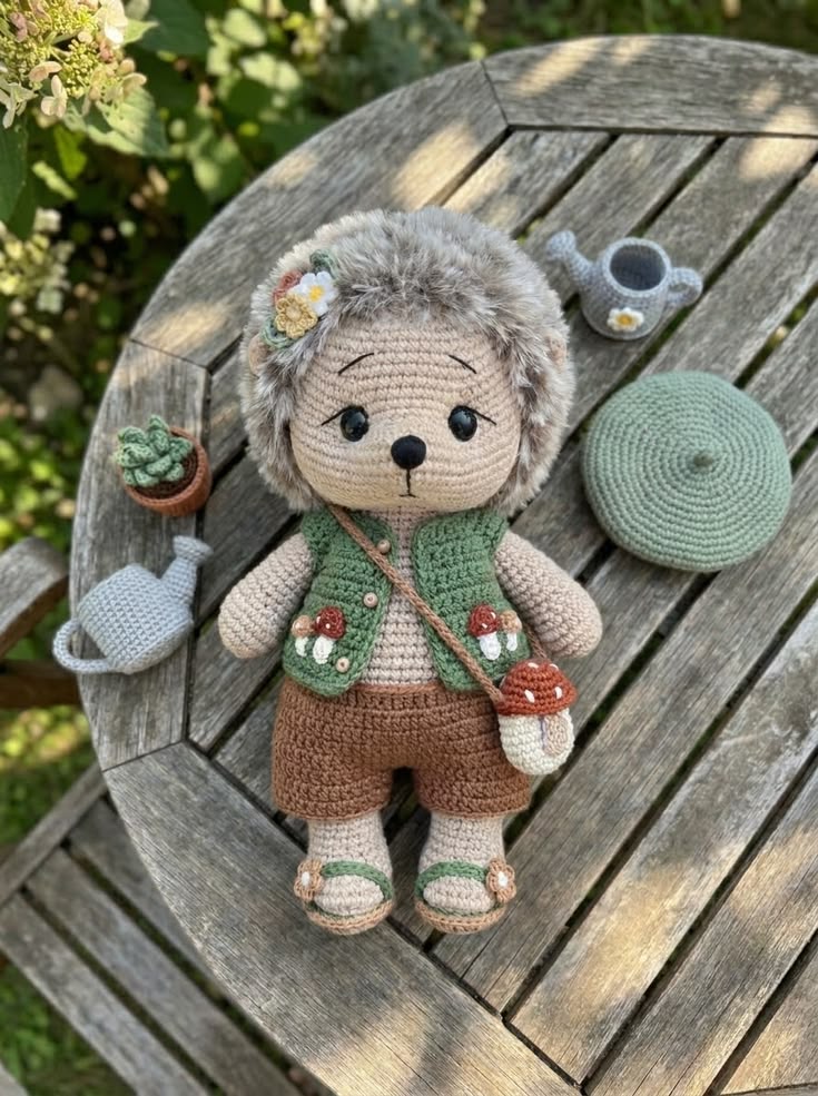 Woodland Hedgehog Gardener with Green Vest and Mushroom Satchel Pattern Guide