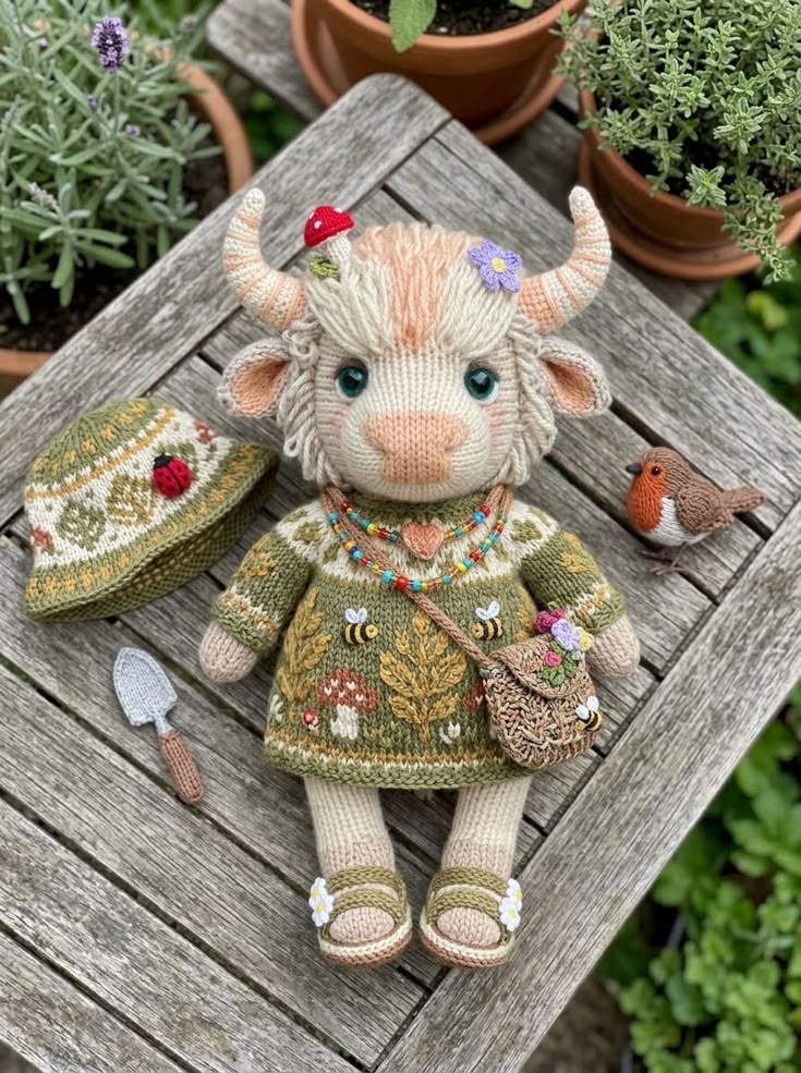 Woodland Highland Cow in Olive Folk Dress with Flower Satchel and Robin Free Knitting Pattern