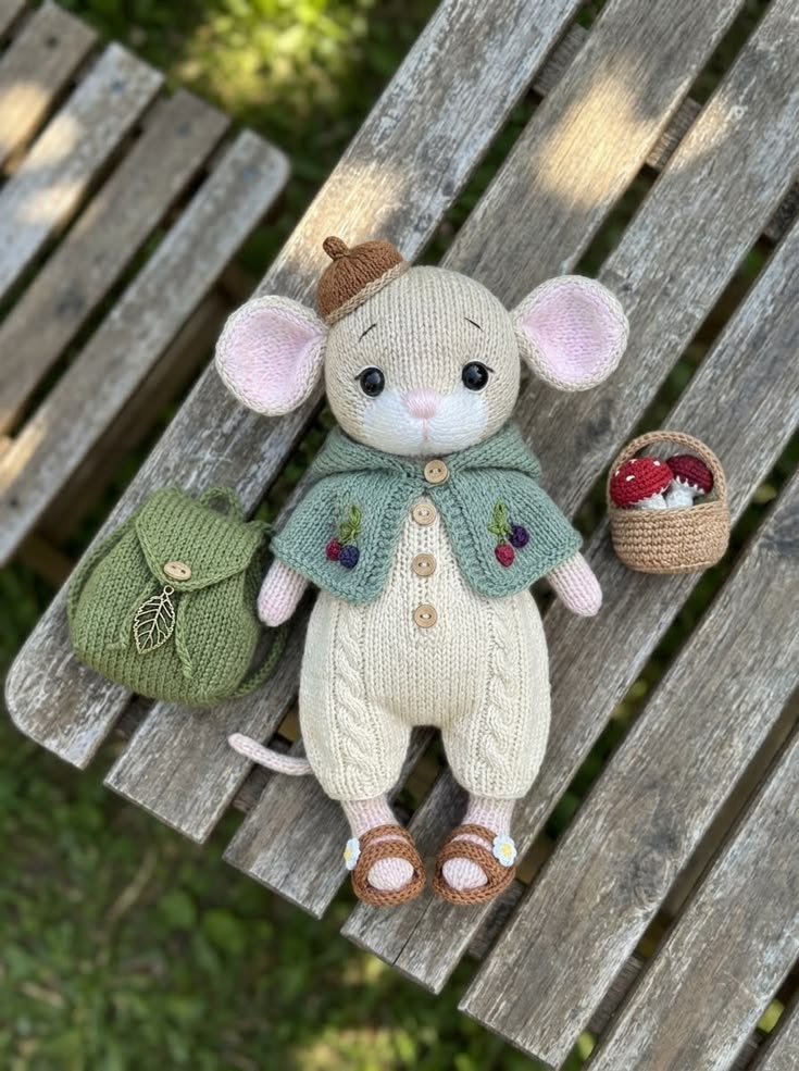 Woodland Mouse in Berry Cape and Acorn Hat Free Knitting Pattern