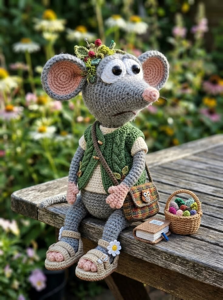 Woodland Mouse in Green Cable Vest with Flower Crown and Garden Basket Free Crochet Pattern