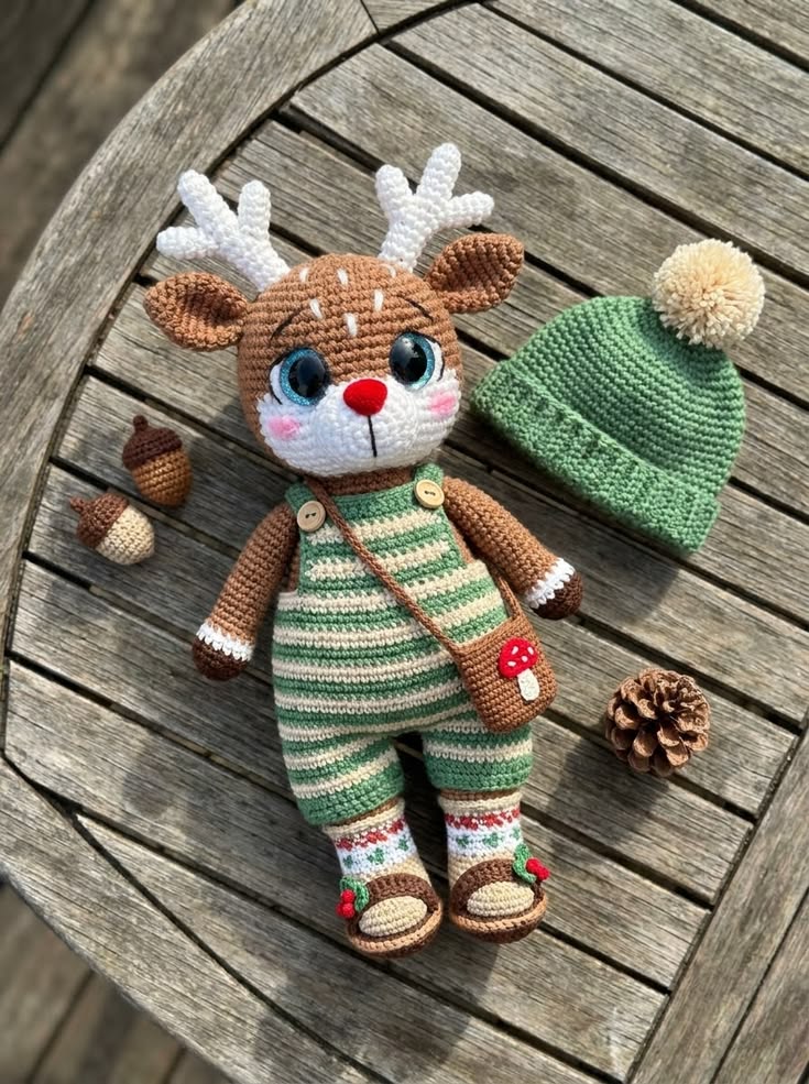 Woodland Reindeer Doll with Green Striped Overalls, Mushroom Satchel, Beanie, Acorns, and Pine Cone Pattern Guide