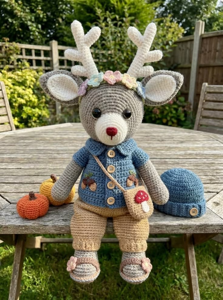 Woodland Reindeer in Blue Button Shirt with Mushroom Satchel and Autumn Accessories Free Crochet Pattern