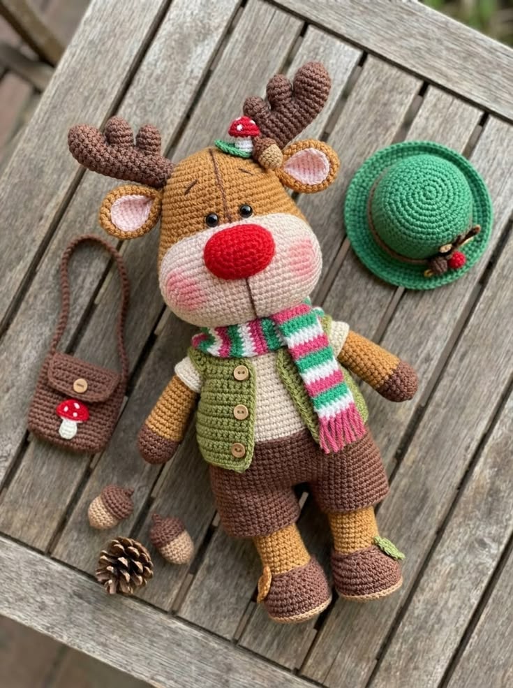 Woodland Reindeer in Green Vest with Striped Scarf and Mushroom Satchel Free Crochet Pattern