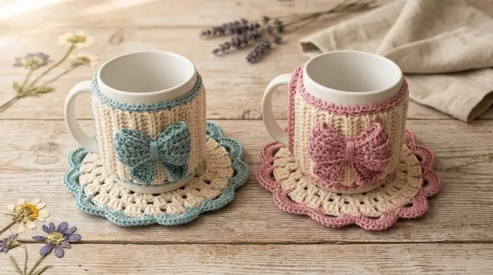 Crochet Pattern Mug Cozy with Bow & Coaster