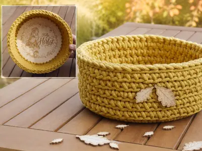 LIORA Crochet an autumn-themed basket or tray with a wooden base