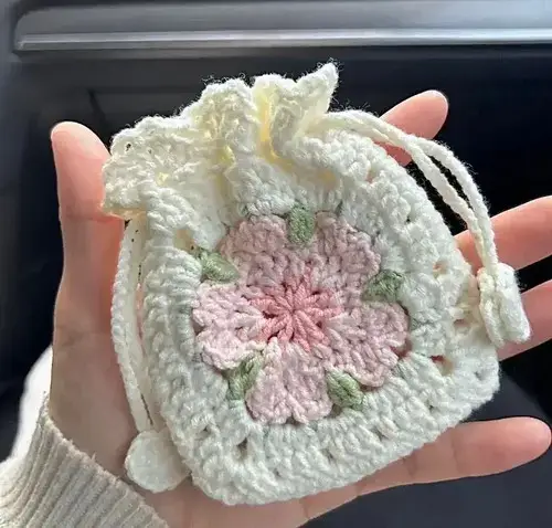 Sakura Granny Square Drawstring Bag