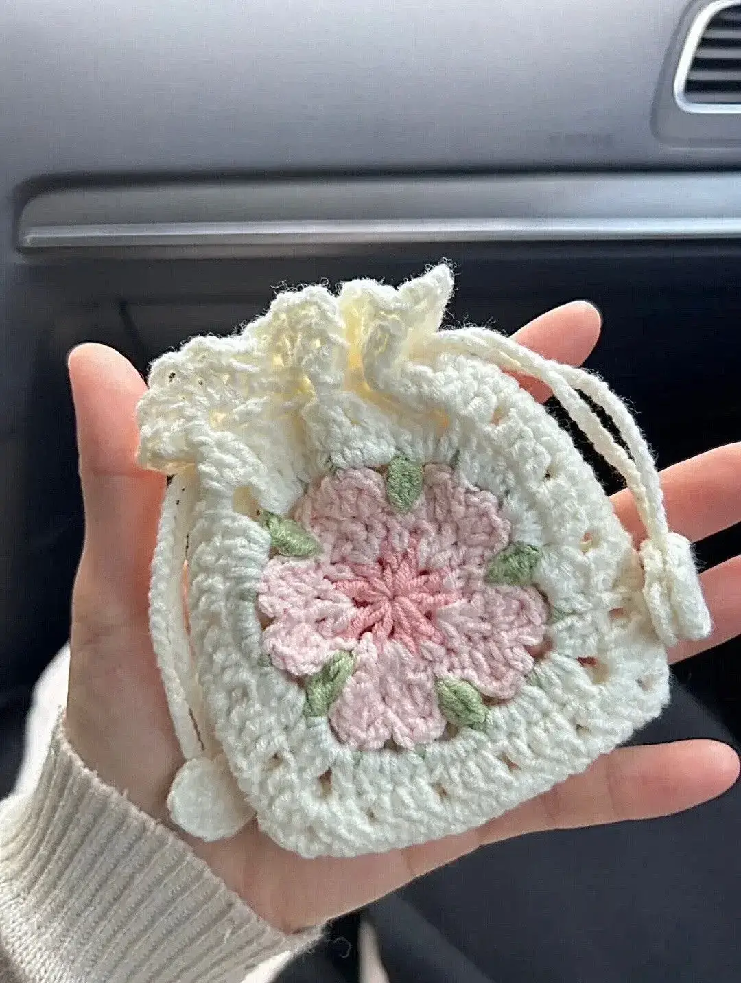Sakura Granny Square Drawstring Bag
