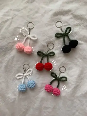 Crochet tutorial for cherry keychain with a bow